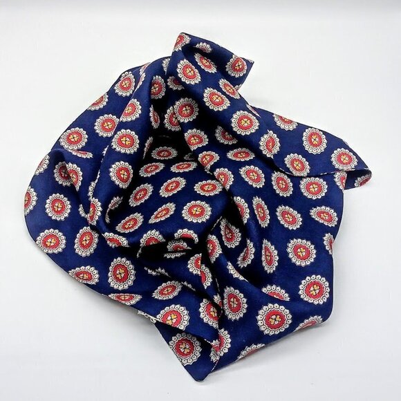 Navy Blue Red Yellow Circle Print Oblong Silk Scarf - Picture 2 of 3